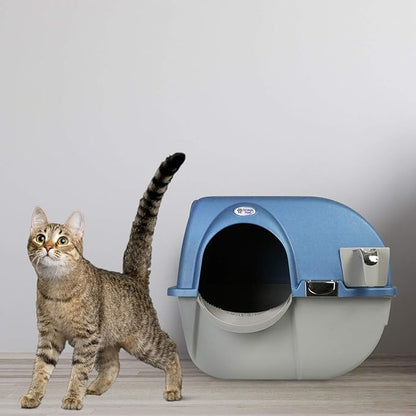 Omega Paw Self Cleaning Cat Litter Box, Premium Roll 'N Clean Litter Box, Regular Size for Kittens and Cats 10 lbs and Under, Blue Color (PR-RA15-1) with Integrated Litter Step and Chrome Accents
