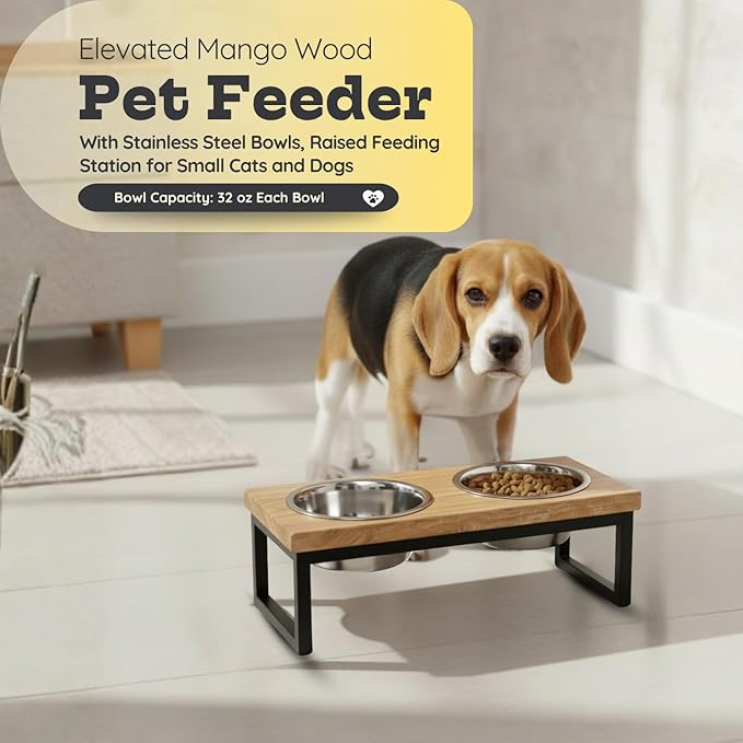 Elevated Dog Bowls, 4.5” Small Dogs/Cats Only Raised Bowl Mango Wood Stand, Food & Water 2 Stainless Steel Dishes Each 32oz/4Cup Capacity, Non-Slip Pet Feeder Station in Brown, toy Breeds