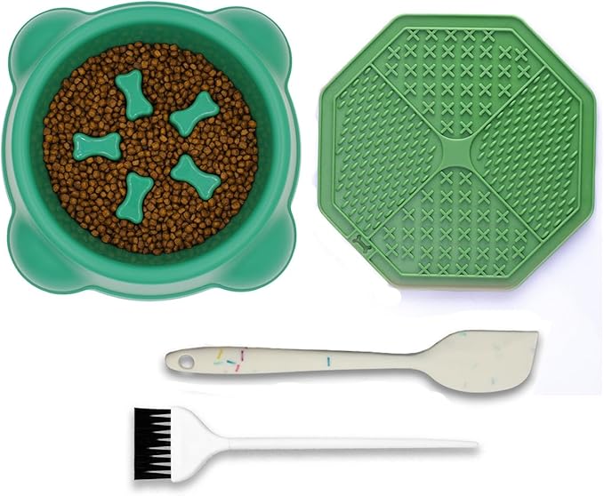 Excellent Slow Feeder Dog Bowl, prevent bloat or choking, Fun Alternative Dog Slow Feeding Bowl for Small Medium Size Dogs,dog food slow feeder bowl/licking mat set(Green Set)