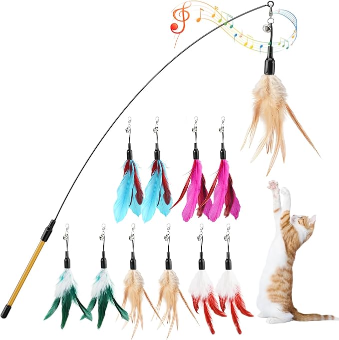 Pawaboo Feather Teaser Cat Toy, Interactive Wands Cats Toy Flying Feathers Cat Catcher with Extra Long 34.5" Wand and Small Bell, Playing Toys, 1 Wand + 10 Feathers, Multi-Color Feather Blend