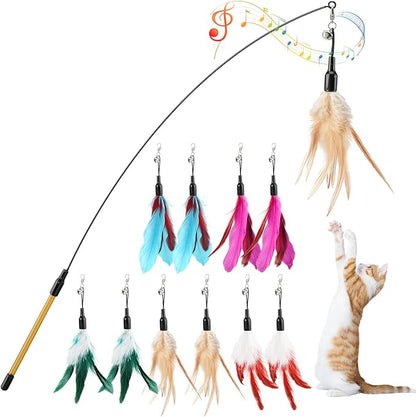 Pawaboo Feather Teaser Cat Toy, Interactive Wands Cats Toy Flying Feathers Cat Catcher with Extra Long 34.5" Wand and Small Bell, Playing Toys, 1 Wand + 10 Feathers, Multi-Color Feather Blend