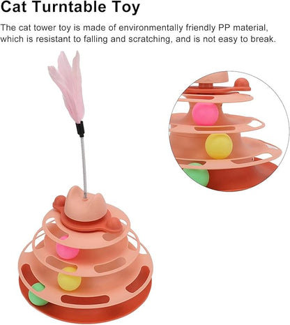 Cat Turntable Ball Toy, 4 Level Interactive Kitten Track Roller Exercise Toy with Feather Stick, Cats Toys Tower Cat Puzzle Toy Suitable for Interactive Kittens Chase Exercise