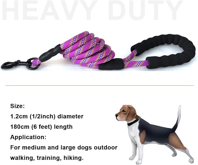 MayPaw Heavy Duty Rope Dog Leash, 6/8/10/15/20 FT Long Nylon Pet Leash, Soft Padded Handle Thick Lead Leashes for Large Medium Dogs Walking Recall Training (6ft * 1/2", Purple)