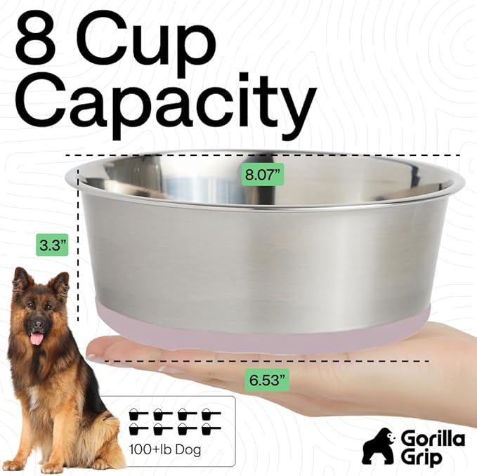 GORILLA GRIP Dog Bowls, Food Grade 304 Stainless Steel, Holds 8 Cups Each (64 fl oz) Food and Water Bowl for Feeding Dogs and Cats, Dishwasher Safe, Rust Resistant, BPA Free Rubber Base Set of 2 Pink
