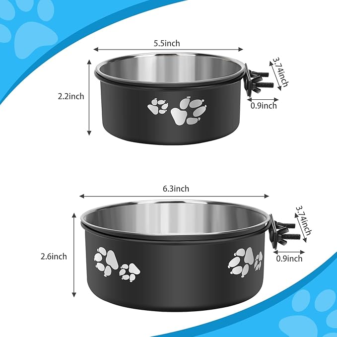 Kennel Water Bowl Hanging, Stainless Steel Dog Crate Water Bowl No Spill, 2 Pack Hanging Dog Bowls for Kennel Cage Crate,Metal Pet Food Dish Coop Cup for Small Medium Dogs Cat Puppy