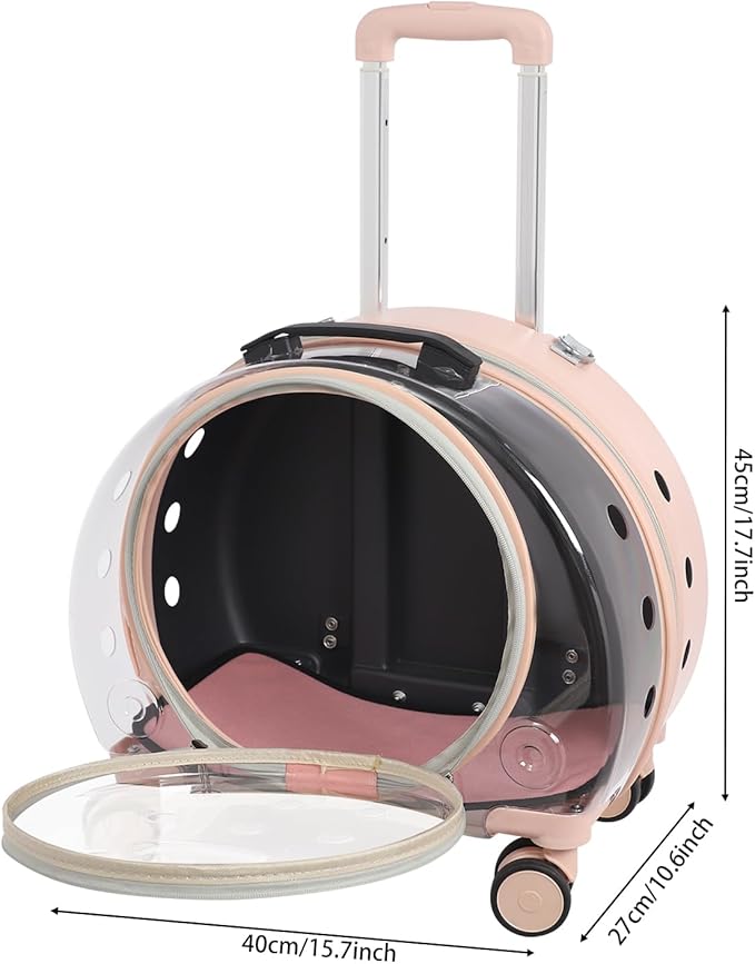 Transparent Bubble Pet Carrier with Wheels, Breathable Cat Dog Travel Carrier with 3-Stage Handle & Removable Strap, Portable Trolley Case with Ventilation for Small Dogs & Cats (Light Pink)