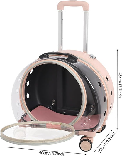 Transparent Bubble Pet Carrier with Wheels, Breathable Cat Dog Travel Carrier with 3-Stage Handle & Removable Strap, Portable Trolley Case with Ventilation for Small Dogs & Cats (Light Pink)