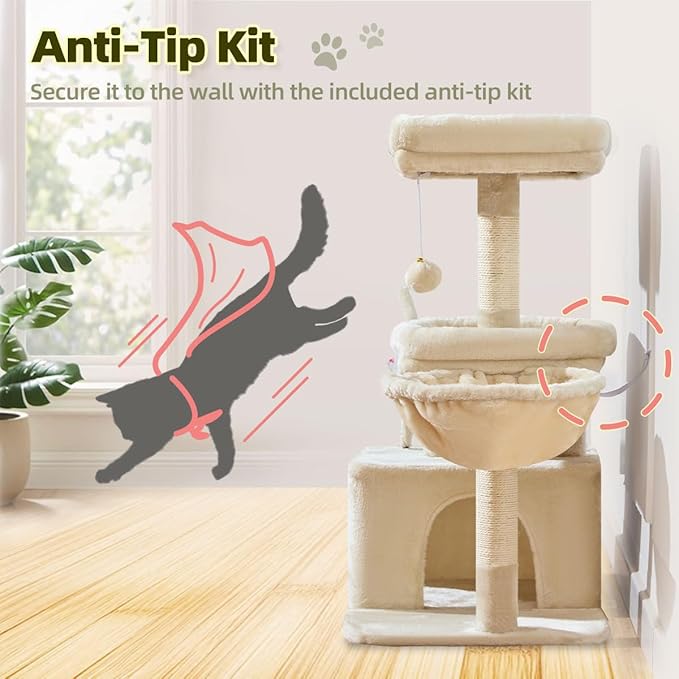 Taoqimiao MS043M Cat Tree, 32.2-Inch Cat Tower for Indoors Cats, Cat Condo with Large Cat Perch, Spacious Cat Cave, Scratching Posts for Small and Medium Cats, Beige