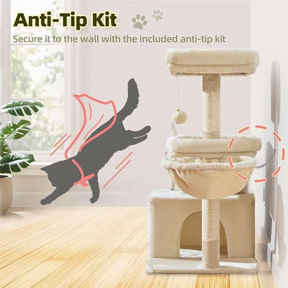 Taoqimiao MS043M Cat Tree, 32.2-Inch Cat Tower for Indoors Cats, Cat Condo with Large Cat Perch, Spacious Cat Cave, Scratching Posts for Small and Medium Cats, Beige