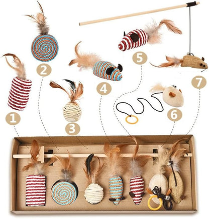 HAICHEN TEC 7 Pack Ferret Toys - Interactive Ferret Toys Assortments Feather Teaser Wand with Sisal Mice Balls and Bells Toys for Ferret Cat Kitten Puppy (7 Pack)