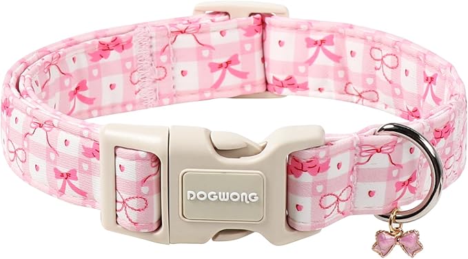 DOGWONG Pink Plaid Dog Collar-Cute Pink Bowtie Print Dog Collar, Adjustable Cotton Girl Female Pet Collar Pink Puppy Collars with Quick Release Buckle,XS