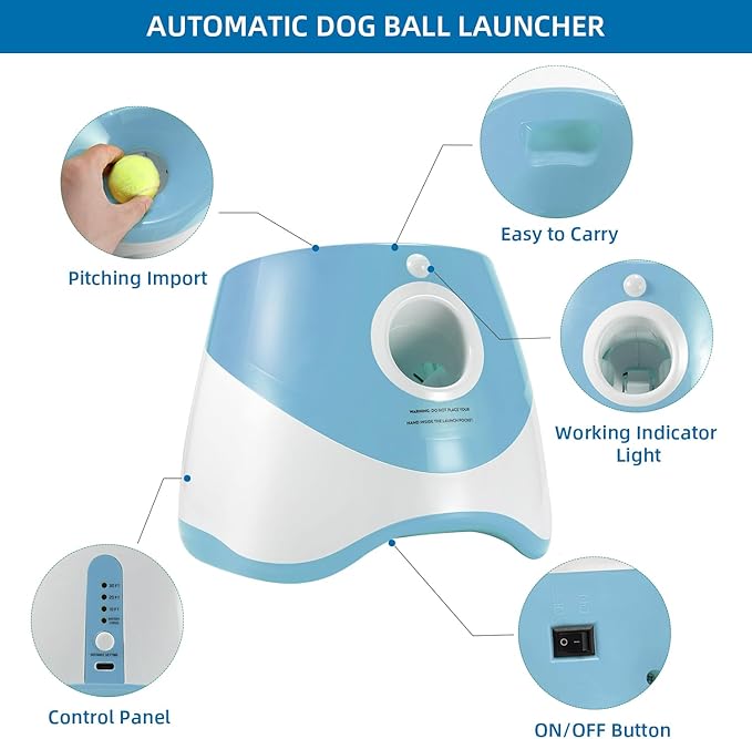 Automatic Ball Launcher for Dogs with 6pcs 2.3 Inch Etpu Tennis Balls,Thrower Distance 20-45ft,interacive Dog Toys for Indoor/Outdoor for Small Or Medium Dogs (White) (Green)