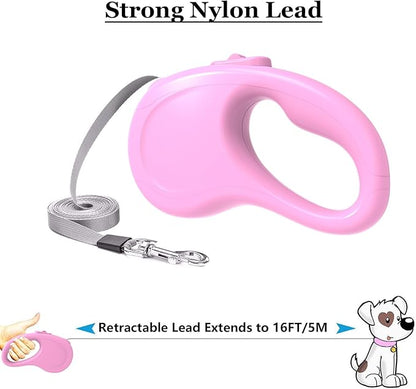 Retractable Dog Leash, 16Ft/5M Light Weight Retractable Leash for Small Medium Dogs/Cats Up to 50lbs, Strong Nylon Tape 360° Tangle-Free One-Hand Brake (Pink)