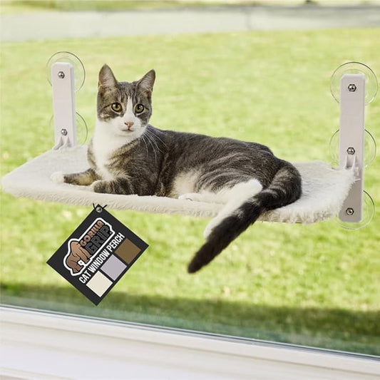 GORILLA GRIP Cat Window Perch, Foldable Cat Window Hammock Bed with 6 Large Suction Cups, Cordless Indoor Wall Shelves, Strong Metal Frame Holds 30lbs, Reversible Washable Sherpa Cover, Medium Beige
