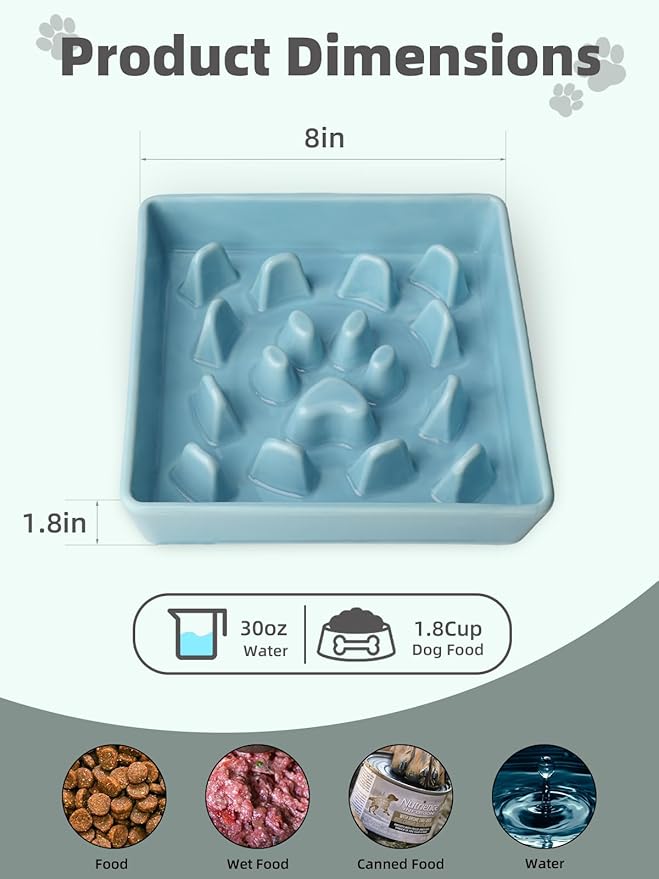 Ceramic Slow Feeder Dog Bowl, 1.8 Cup Fun Pet Food Dish for Small & Medium Breeds to Slow Down Eating, Anti-Gulping, Stop Bloat, Preventing Choking (Turquoise)