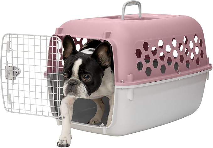 26" Plastic Portable Dog Kennel, Pink – Lightweight Travel Crate for Medium Dogs Cat, Durable & Ventilated, Indoor/Outdoor Use