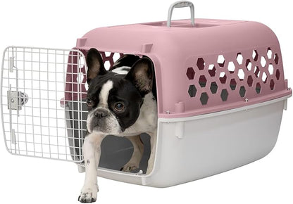 26" Plastic Portable Dog Kennel, Pink – Lightweight Travel Crate for Medium Dogs Cat, Durable & Ventilated, Indoor/Outdoor Use