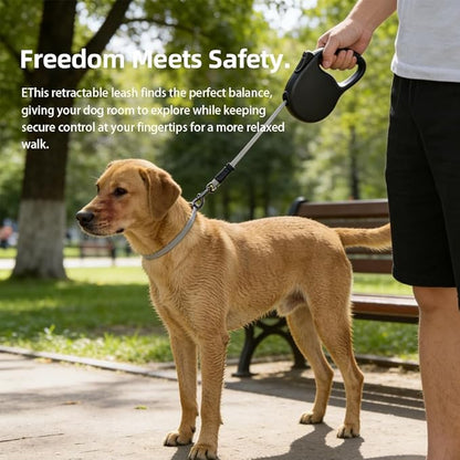 Retractable Dog Leash for Medium & Large Dogs up to 80 lbs, One-Handed Brake, 180kg Strong Nylon Tape, Tangle Free, Anti-Slip Handle (M & L Size) (Black, L-5M)
