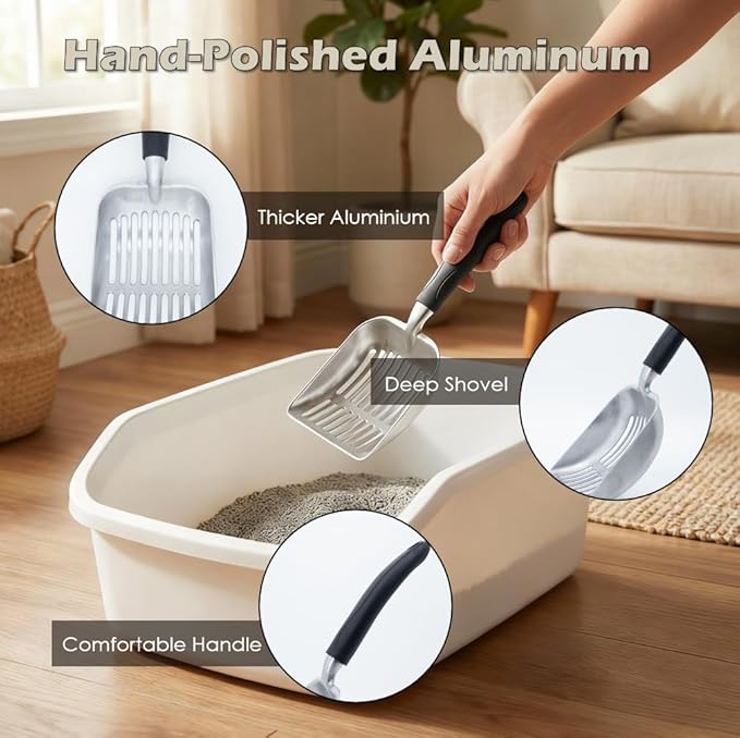 4-in-1 Cat Litter Scoop with Holder, Cat Litter Box Organizer Cleanup Kit - Sweeper & Dustpan, Aluminum Kitty Litter Scooper and Storage Caddy (Black)