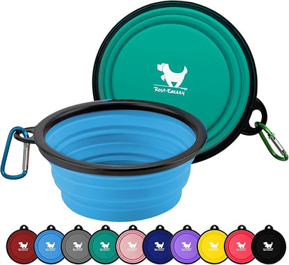 Collapsible Dog Bowls for Travel, 2-Pack Dog Portable Water Bowl for Dogs Cats Pet Foldable Feeding Watering Dish for Traveling Camping with Carabiners, BPA Free (Green&Blue, Medium (Pack of 2))