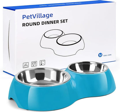 Double Dog Bowls and Food Bowls,Includes Small (4 fl oz) & Medium (10 fl oz) & Non-Slip Resin Station,Pet Feeder for Puppy Medium Dogs Cats - Blue