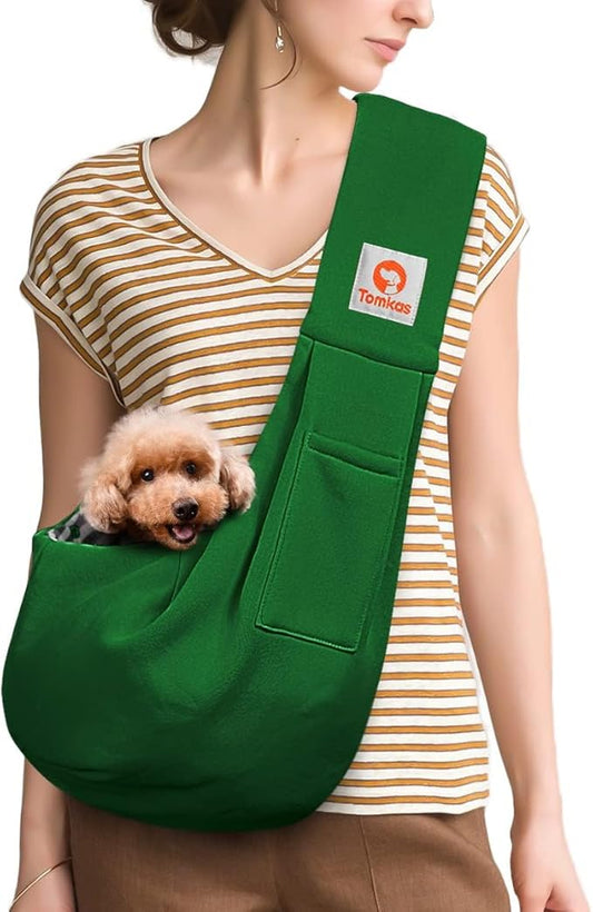 Tomkas Small Dog Cat Sling Carrier Puppy Purse Travel Wrap Soft Crossbody Pet Bag (Emerald Green, M - Classic Pocket & Classic Strap)