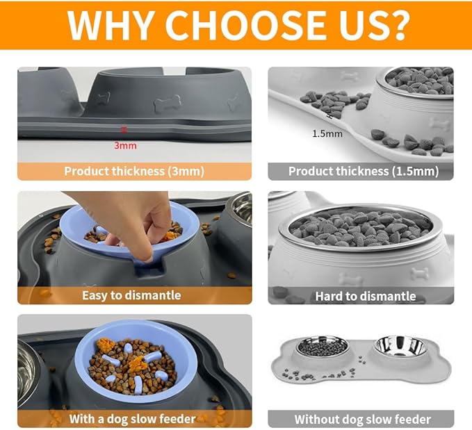 Dog Bowls Stainless Steel Slow Feeder Set with Silicone Mat-100% Waterproof BPA Free Cat and Dog Food Bowls No-Spill and Non-Skid-Pet Feeder Water Bowls for Puppy Medium Dogs Cats