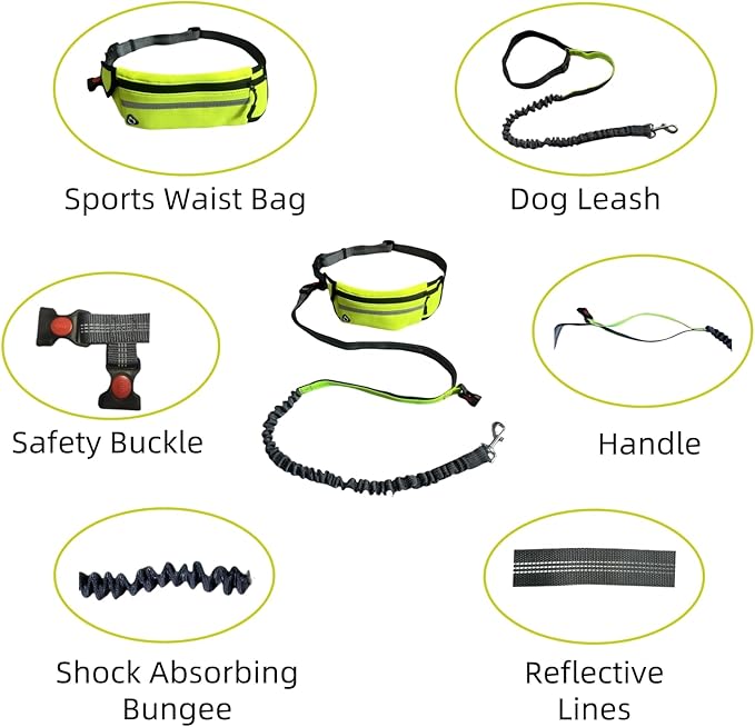FJ Four Joys Hands Free Dog Leash with Zipper Pouch, Waist Leash for Dog Walking with Shock Absorbing Bungee for Walking, Jogging and Running (Yellow-Green)