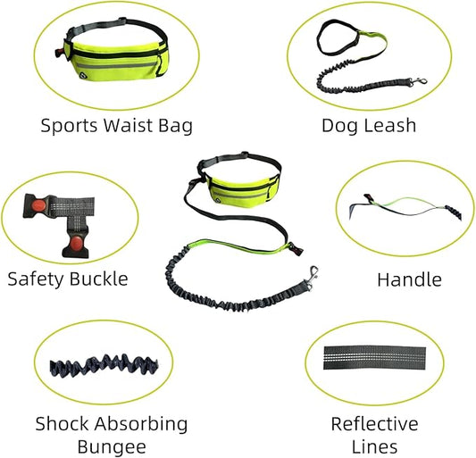 FJ Four Joys Hands Free Dog Leash with Zipper Pouch, Waist Leash for Dog Walking with Shock Absorbing Bungee for Walking, Jogging and Running (Yellow-Green)