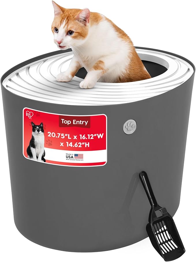 IRIS USA Large Top Entry Cat Litter Box Made in USA, Covered Enclosed Design with Lid, Litter Catching Grooved Top, Scatter Shield, Dog Proof, Scoop Included, Odor Control, Dark Gray/White