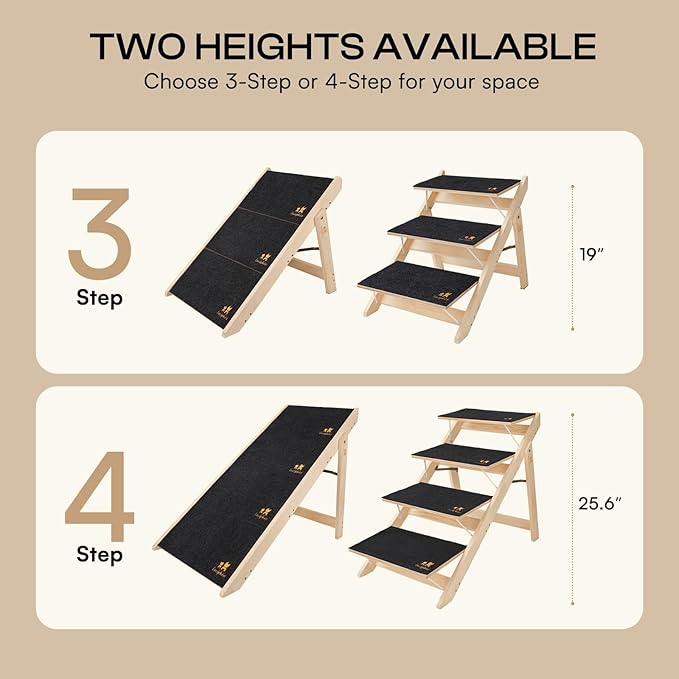 Luciphia Wooden Dog Stairs for Small Dogs 2-in-1 Foldable Dog Steps for Beds Cars Couch Anti-Slip Pet Ramp with 4 Steps Indoor Pet Stairs for Medium Large Older Pets Cats up to 220lbs