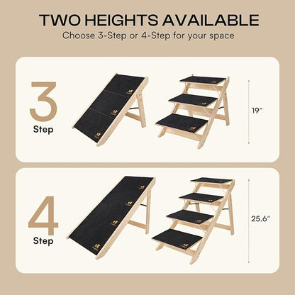 Luciphia Wooden Dog Stairs for Small Dogs 2-in-1 Foldable Dog Steps for Beds Cars Couch Anti-Slip Pet Ramp with 3 Steps Indoor Pet Stairs for Medium Large Older Pets Cats up to 220lbs