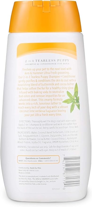 Arm & Hammer Ultra Fresh Tearless Puppy Shampoo and Conditioner 2 in 1 with Baking Soda Deodorizer, Gentle Pet Wash for Odor Control, Puppy Bath, Coconut & Lime Verbena Scent, 16 Fl Oz - 2 Pack