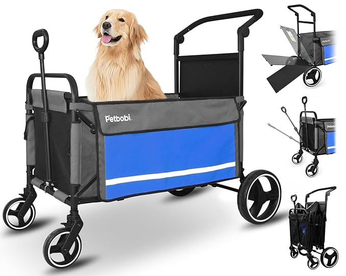 Petbobi 2-in-1 Dog Wagon Stroller for Large & Medium Dogs – Foldable Push & Pull Stroller with Ramp, 360° Swivel Wheels, Adjustable Handles & Safety Leashes for Walking Camping Parks