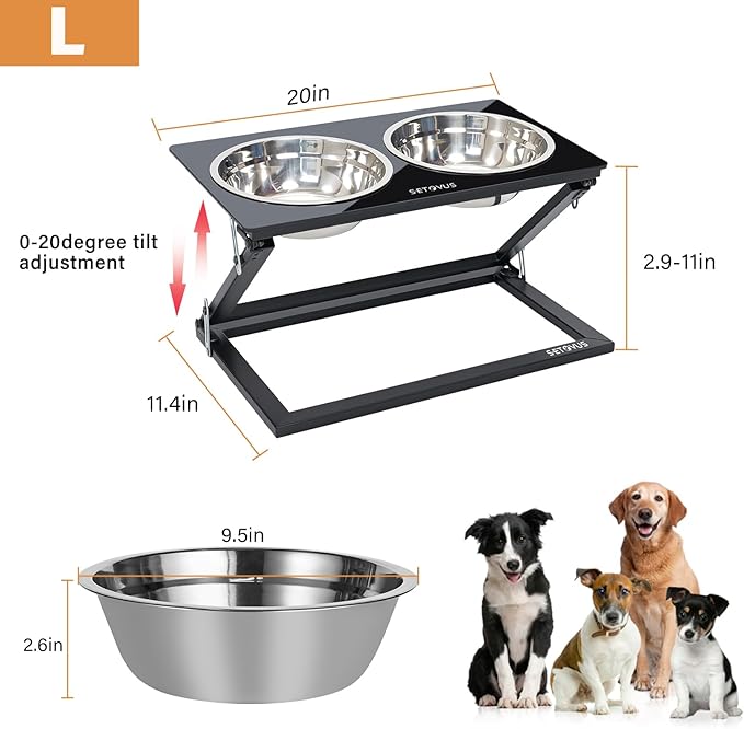 Elevated Dog Bowls for Large Medium Dogs, 3 Heights Adjustable Raised Dog Bowl Stand with 2 Stainless Steel Food Bowls 20°Tilted Elevated Easy to Clean Water Bowl (Black, Large)