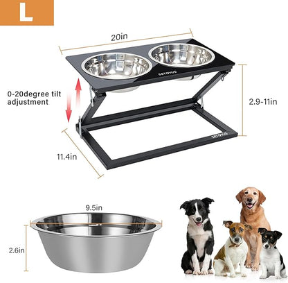 Elevated Dog Bowls for Large Medium Dogs, 3 Heights Adjustable Raised Dog Bowl Stand with 2 Stainless Steel Food Bowls 20°Tilted Elevated Easy to Clean Water Bowl (Black, Large)