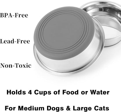 Stainless Steel Dog Bowls 2 Pack – 4 Cup Pet Food & Water Bowls with Non-Slip Rubber Base, Dishwasher Safe, for Medium Dogs & Large Cats