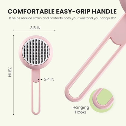 Pet Self-Cleaning Slicker Brush for Dogs & Cats, Deshedding Comb, Removes Loose Hair & Mats, Skin-Friendly Tool for Long/Short Fur, All Breeds (Pink)