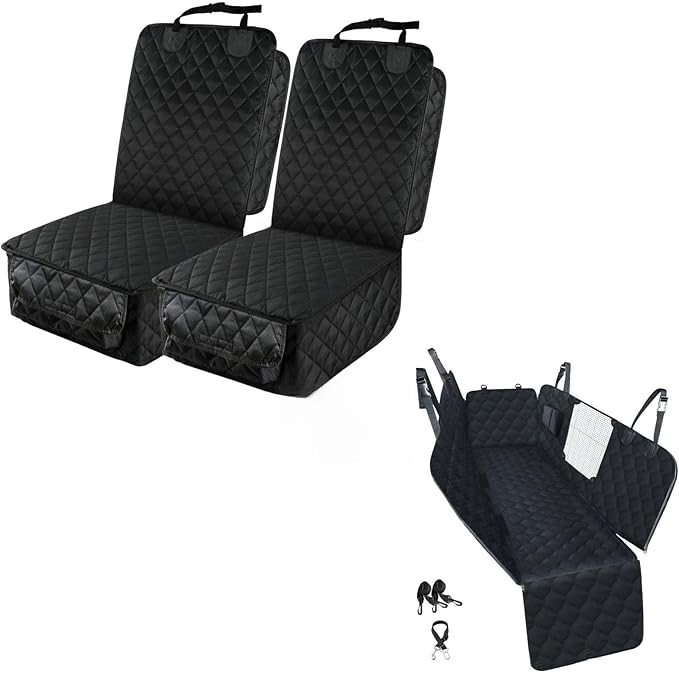 PETICON Dog Car Seat Covers, 100% Waterproof Dog Back Seat Cover with Mesh Window and Full Protection Front Seat Car Cover with Side Flaps for Cars, Trucks, SUVs, Jeep, Bundle