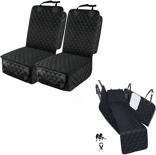 PETICON Dog Car Seat Covers, 100% Waterproof Dog Back Seat Cover with Mesh Window and Full Protection Front Seat Car Cover with Side Flaps for Cars, Trucks, SUVs, Jeep, Bundle