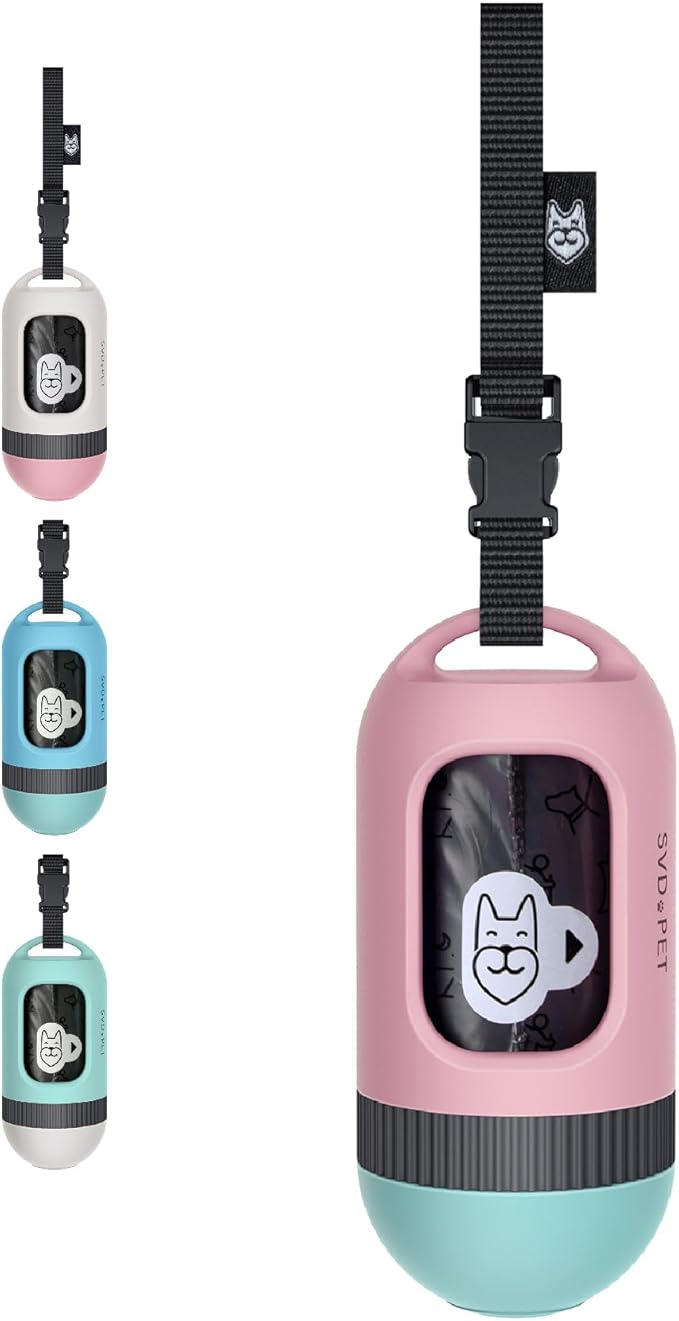 SVD.PET Dog Poop Bag Dispenser, Retractable Dog Waste Bag Holder for Leash, Pet Poop Bag Holder with 15 Bags, Dog Walking Accessory (Pink/Jade)