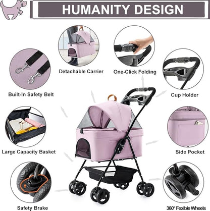 3-in-1 Pet Stroller for Small Dogs and Cats, Folding Lightweight Dog Stroller with Detachable Carrier Portable Cat Puppy Jogging Stroller with Cup Holder and Storage Basket, 4 Wheels