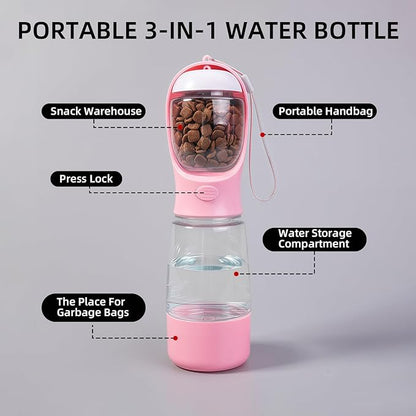 3-in-1 Dog Water Bottle Portable Leak Proof Pet Water Dispenser with Built-in Snack Storage & Waste Bag Holder 14oz for Outdoor Walking, Hiking Travel Pink