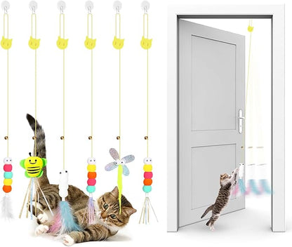 Kerros Interactive Hanging Cat Toy 6 Pcs, Plush Feather Cat Door Toys for Indoor Cats Kittens Self Play Toys for Swatting, Biting, Hunting, Exercise