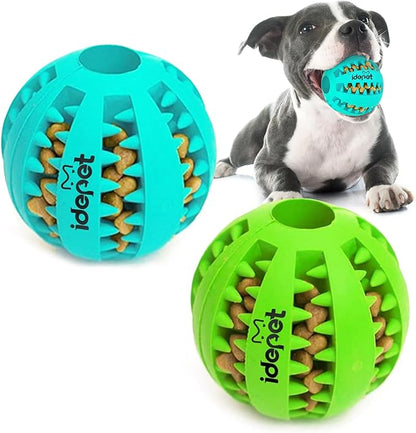 Idepet Dog Toy Ball, Nontoxic Bite Resistant Toy Ball for Pet Dogs Puppy Cat, Dog Pet Food Treat Feeder Chew Tooth Cleaning Ball Exercise Game IQ Training ball,2 Pack- Blue & Green