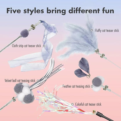 Cat Wand Toys, 5Pcs Interactive Kitten Feather Wand Toys for Bored Indoor Cats, Cat Teaser Wand with Bell and Crinkly Paper, Grey
