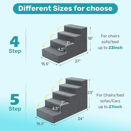 Dog Stairs for Bed, Extra Wide 5-Step Dog Steps for High Bed, High-Density Foam Pet Stairs with Non-Slip Removable Washable Cover for Small Pets, 23" H, Grey