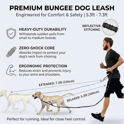 Tails & Tales Hands Free Dog Leash with Lightweight Waist Pouch for Walking Running Hiking, Adjustable Belt 25-45", Dual Padded Handles, Reflective Bungee Design for Small to Large 100lb Dogs (Black)