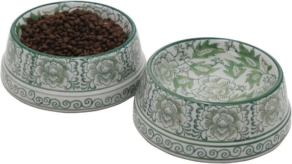 Aimusego Ceramic Cute Dog Cat Bowl for Small Breeds, Handpainted Green & White Heavyweight Durable Pet Food and Water Dish Crock, Dishwasher Safe- 1.5 Cups