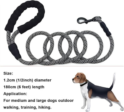 MayPaw Heavy Duty Rope Dog Leash, 3/4/5/6/7/8/10/12/15 FT Nylon Pet Leash, Soft Padded Handle Thick Lead Leashes for Large Medium Dogs (Black, 1/2" * 6')